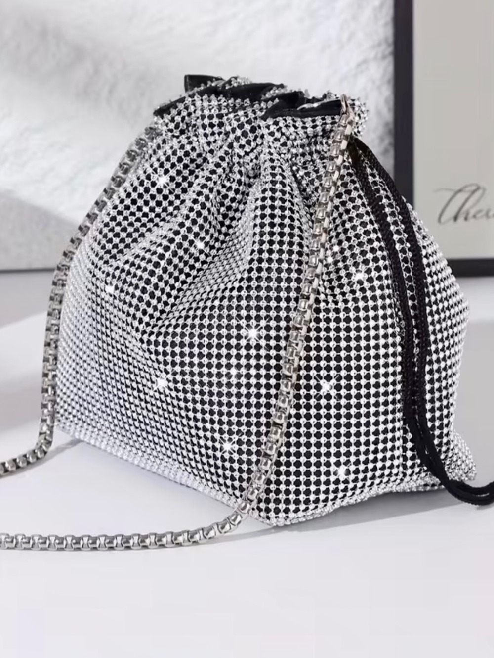 New -Sleek & Stylish -Rhinestone Drawstring Bucket Bag